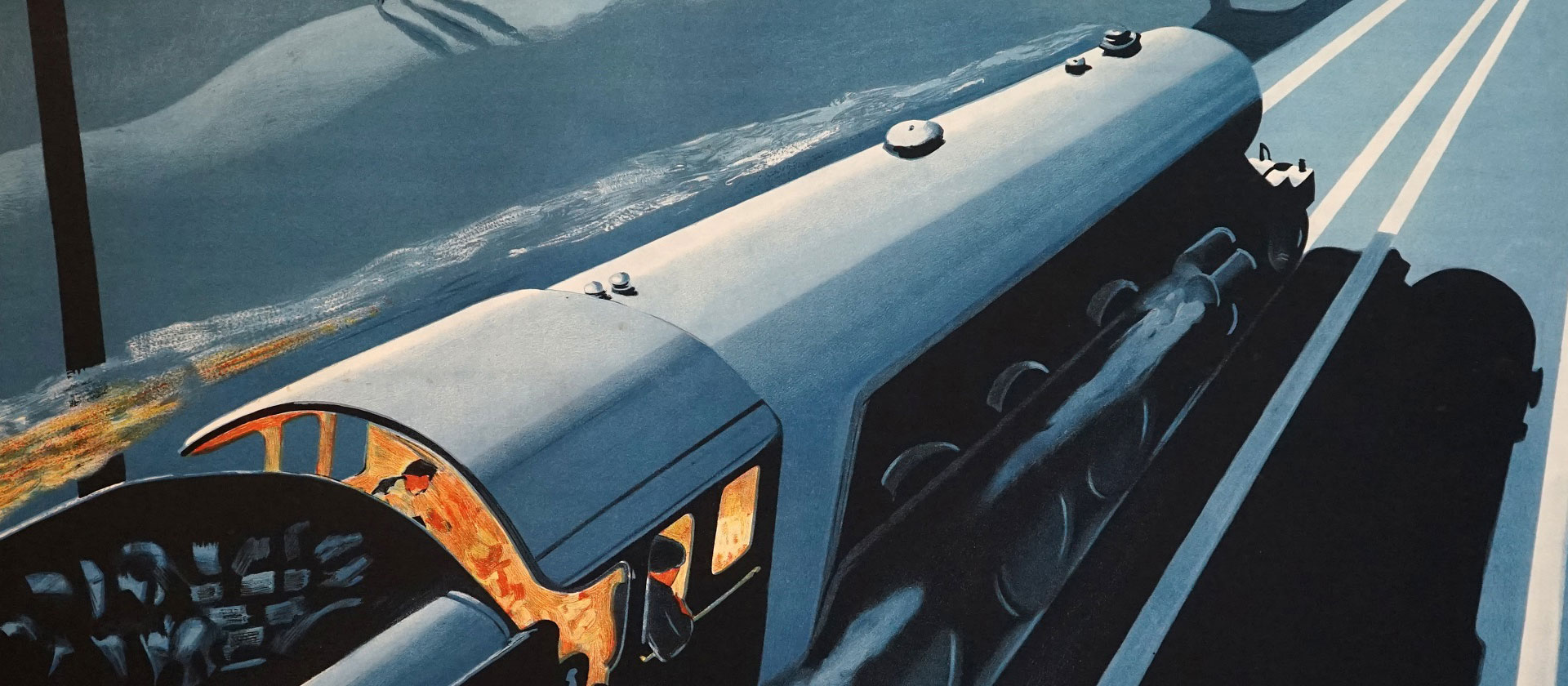 Detail from Robert Bartlett's famous "The Night Scotsman" poster. The poster was one of a series commissioned by LNER to promote both daytime and overnight trains from London to Scotland.